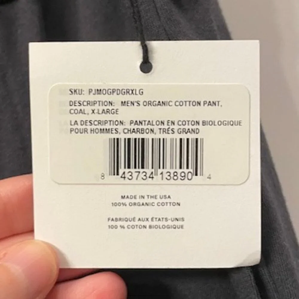 NWT Men's Parachute Organic Cotton Lounge Pants Gray Coal Size XL